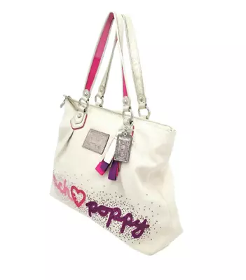 Coach Poppy Canvas White And Red Heart Print Tote With Zip Top Closure • $160