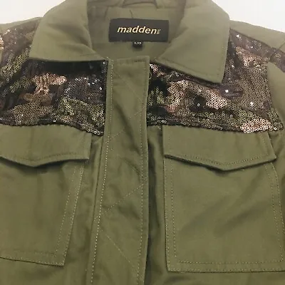 Madden 4 Pocket Army Green Jacket W/ Metallic Colored Sequin Detail Size Large • $29.99