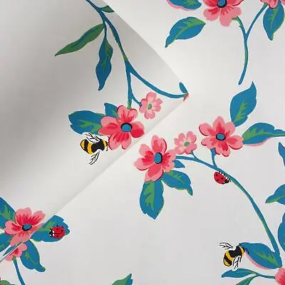 Cath Kidston Greenwich Flowers Wallpaper Bees Ladybirds Floral Cream/Red 182511 • $42.50