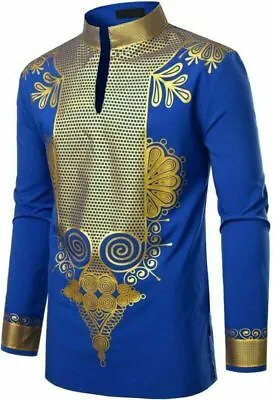 Men's Print Shirt African Dashiki Luxury Tribal Metallic Gold Top Blouse Shirt • $30.98