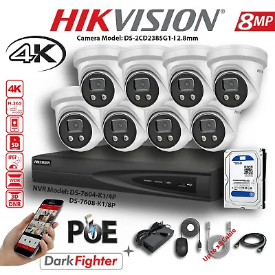 Hikvision 4k Darkfighter Cctv Ip Poe Camera System Outdoor Nvr 4ch 8ch 8mp Kit • £208.08
