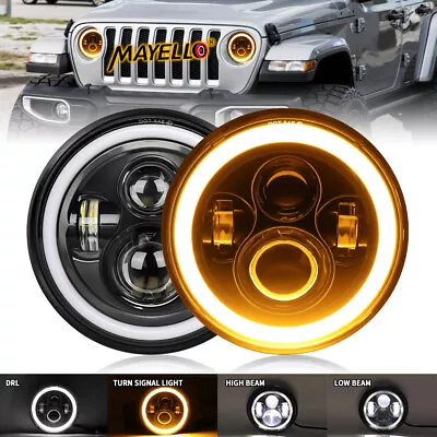 $34.99 • Buy Pair 7  Inch Round LED Headlights Halo Angle Eyes For Jeep Wrangler JK LJ TJ CJ