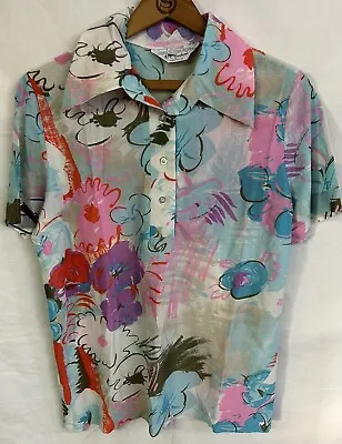 1970s NEON FLORAL Disco Shirt Mod Hippie Pointed Collar USA VTG Women’s Lg • £19.29