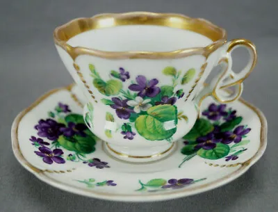 Carl Tielsch Hand Painted Purple Violets & Gold Tea Cup & Saucer C. 1850-1860 E • $150