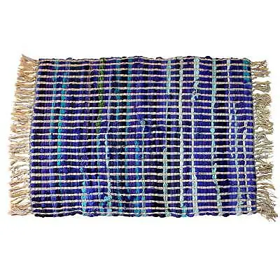 Rag Chindi Rug Blues With Fringing Fair Trade & Recycled 58x68cm New • £18.99