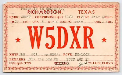 QSL CB Ham Radio W5DXR McKinney Texas Vintage Collin County TX 1939 Card • $8