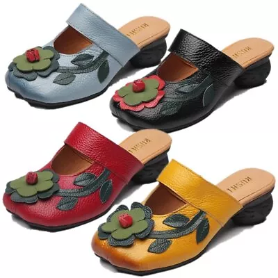 Mary Janes Women Leather Round Toe Flower Mules Mid Heel Pumps Sandals Slipper • $34.99
