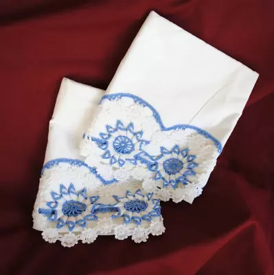 Vintage (2)White Pillow Cases With Hand Embroidered Blue Flower And Crochet Edge • $23.50