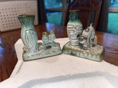 $25 • Buy Vintage Occupied Japan Bud Vase Pair Two Love Birds  And Cat Drip Glaze Rare HTF