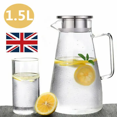 1.5L Glass Pitcher Water Jug Juice Milk Carafe Wine With Stainless Steel Lid • £14.99