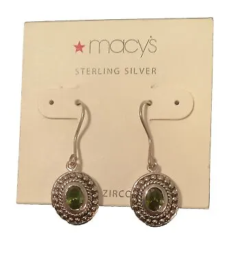 Sterling Silver Macy's  Dangling Pierced  Earrings Wt. Green Cubic Zirconia NOC • $18.99