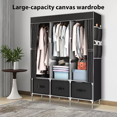 130*45*173CM Fabric Canvas Wardrobe With 3 Storage Drawer Large Clothes Storage • £28.99