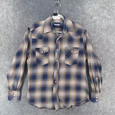 Wrangler Shirt Mens Medium Snap Up Blue Beige Plaid Flannel Western • $22.89