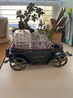 Vintage 1960s Black Metal Music Box Car With Original Glass Decanter & ShotGlass • $120