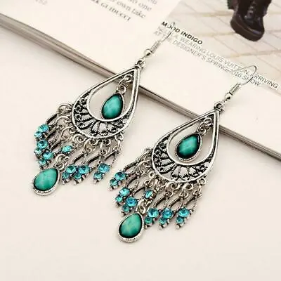 Boho 925 Sterling Silver Vintage Tibetan Tibet Turquoise Dangle Hook Earrings • $15.74