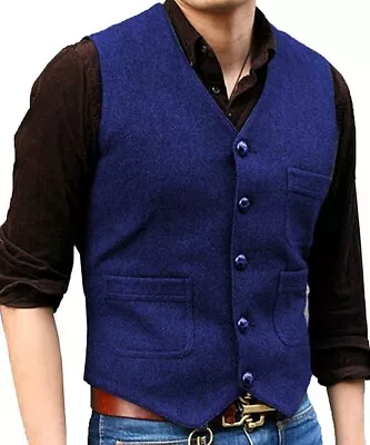 Men Retro Tweed Waistcoat Wool Blend Formal Herringbone Suit Vest Slim Fit Tops • $39.23