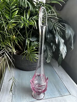 Mid Century Pink Viking Glass Swung 4 Petal Stemmed Vase 15” • $75