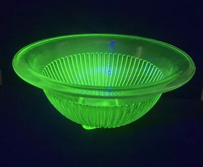 Uranium Vaseline Glass Bowl Green Large Vintage Ribbed.  Glows • $24.95