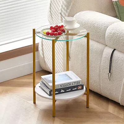 2-Layer End Table With Glass & Marble Top Round Coffee Table Golden Frame • $78.47