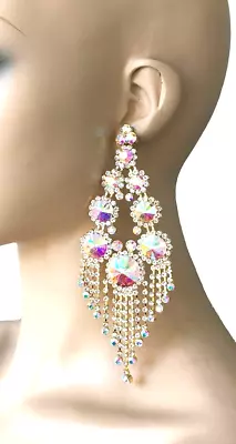 5.75  L  Aurora Borealis  Crystals Pageant Oversized Drag Queen Clip-On Earrings • $31.35