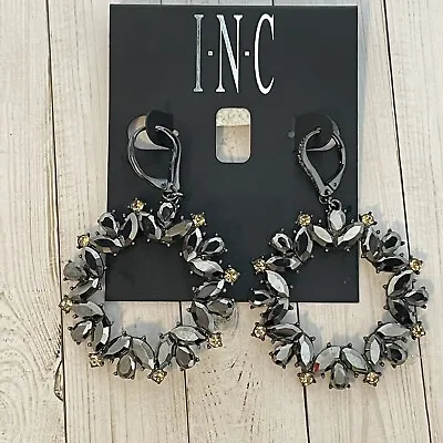 I.N.C Black Flower Hematite Gold Crystal Dangle Silver Plated Earrings 2.5” NEW • $7.88