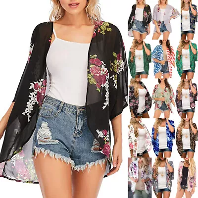 AU Women Summer Beach Baggy Chiffon Kimono Printed Cardigan Tops Shirts Cover Up • $18.69