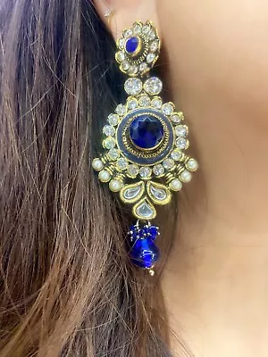 Premium Quality…Sapphire Blue Color Stone Earrings Studded With Pearls Kundan • $166