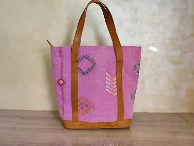 Moroccan Handmade Cactus Silk Sabra And Leather Washed Pink Tote Boho Bag • $130