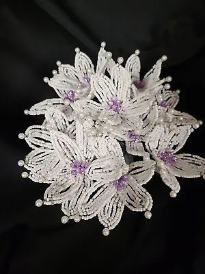 Vintage French Glass Beaded White Poppy Anemone Flower Bouquet Set Of 10 • $135