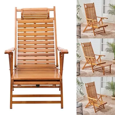 Bamboo Wood Recliner Garden Balcony Sun Lounger Deck Chair Folding Nap Bed Seat • £55.95