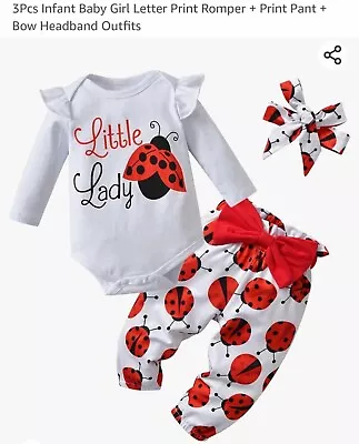 3Pcs Infant Baby Girls 6-9 Months Ladybug Print Romper Pant Bow Headband Oufits • £5.50