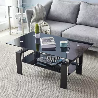 3 Colors Coffee Table Glass Modern Shelf Wood Living Room Furniture Rectangular • $80.99