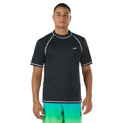 New Speedo Men's UV Swim Shirt Short Sleeve Loose Fit Black Easy Tee. Size Large • $14.99