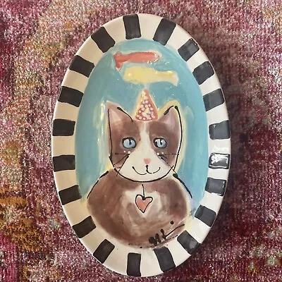 Hand Painted Ceramic Serving Tray”Happy Cat”Design 11.5”x 8” Original • $29