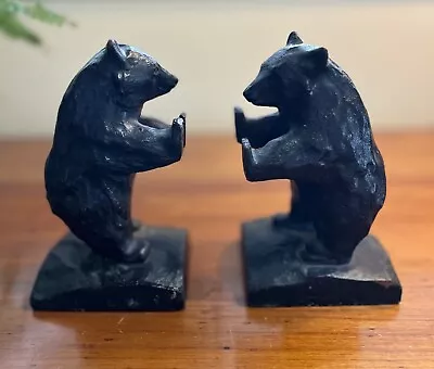 Beautiful Pair Of Heavy Vintage Japanese Cast Iron Black Bear Bookends 5.50  T • £86.74