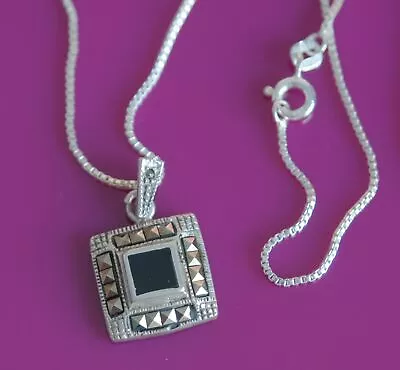 Signed 925 Italy Sterling Silver Marcasite Square Pendant Box Chain Necklace • $22.50