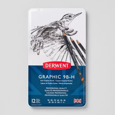Derwent Soft Graphic 9B-H Drawing Sketching Set - 12 Pencils Metal Tin - 34215 • £7.99