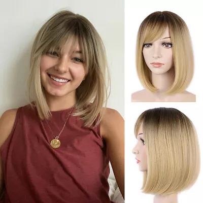 Long Dark Root Ombre Highlights Blonde Hair Wigs With Bangs For Women • £14.39
