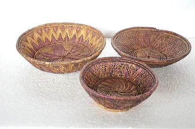 3 Pc Vintage Colorful Handforged Bamboo Stick Woven Bowls  Collectible • $36