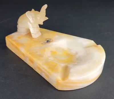 Vintage Hand Carved Alabaster Onyx Marble Stone Elephant Figurine Ashtray • $24.99