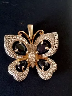 Vintage Sapphire Stones Small Butterfly Pendant In Two Tone Sterling Silver 925 • $29.97