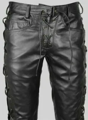 Mens Real Black Genuine Leather Motorbike Pant Biker Jeans Breeches BLUF Trouser • $144.99