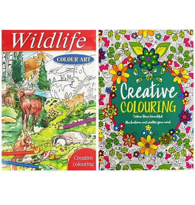 A4 CREATIVE & WILDLIFE Colouring Books Set Of 2 COLOUR THERAPY BOOK ART DOODLE • £6.99