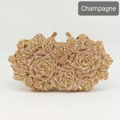£104.89 • Buy Evening Clutch Handbag Crystal Rhinestone Rose Flower Wedding Party Purse Bag