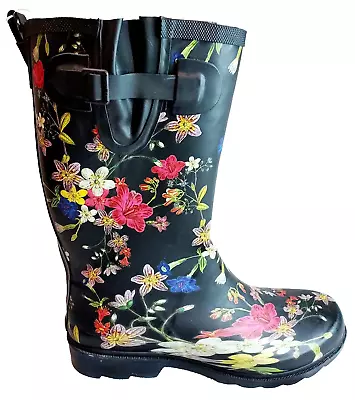 New Merona Rubber Rain Boots Floral Print Black Slip On Mid-Calf Women's Size 11 • $34.12