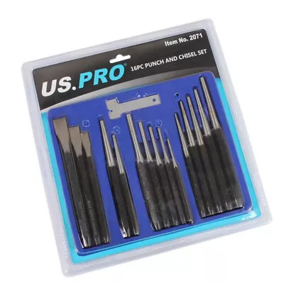 US PRO 16pc Punch And Chisel Set Metal Chisels Punch Cold Taper Pin Centre Hole • £13.36