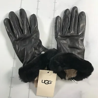 UGG Leather Gloves Womens Medium Black Cashmere Wool Lined Fuzzy Fur Cuffs • $39.99