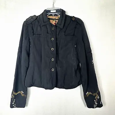 Da Nang Military Jacket Silk Asian Cherry Blossom Sun S? Black Sequins Buttons • $49.79