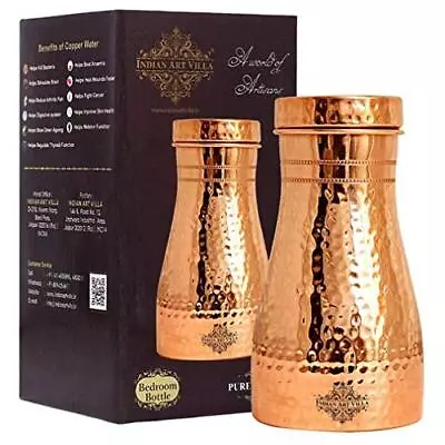 Indian Art Villa Pure Copper Bedroom Water Bottle With Inbuilt Glass & Hammer... • $43.39