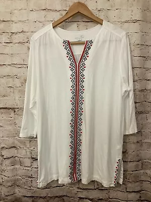 J. Jill Shirt Womens XL Tunic White Embroidered V Neck Ultra Soft Stretch Cotton • $23.74